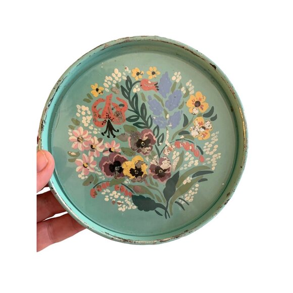 4 Vintage Hand Painted Toleware Robins Egg Blue Floral COASTER SET Metal w Glass - Picture 6 of 8